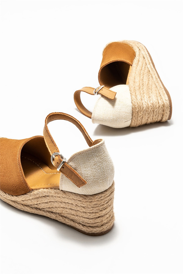 Taba kahve deri ve süet dolgu topuklu platform tabanlı kadın ayakkabı, rahat kullanım için - Elle Shoes