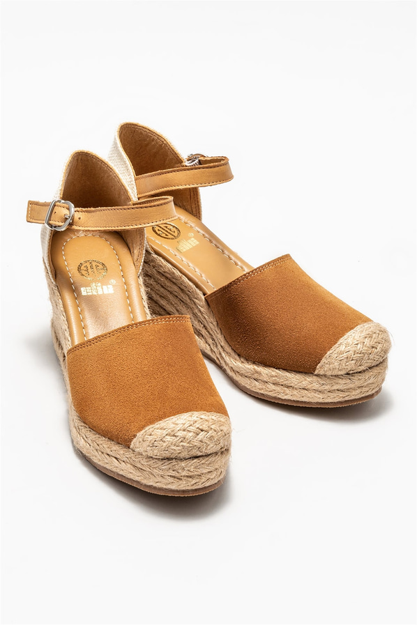 Taba kahve deri ve süet dolgu topuklu platform tabanlı kadın ayakkabı, rahat kullanım için - Elle Shoes