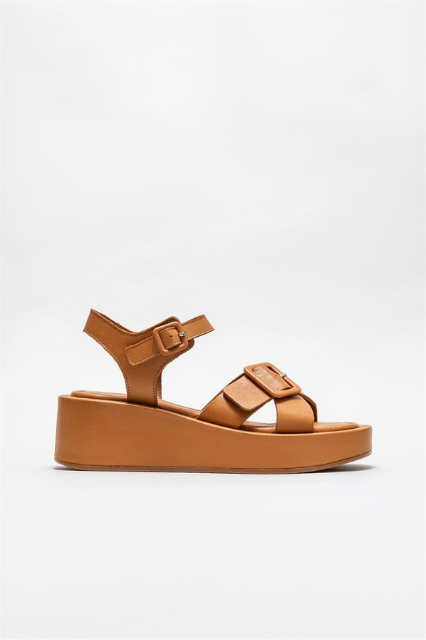 Taba deri dolgu topuklu kadın sandalet - Elle Shoes