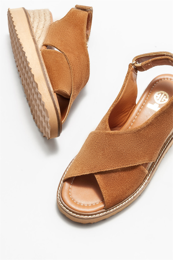 Taba deri dolgu topuklu kadın sandalet - Elle Shoes