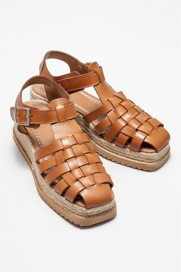 Taba deri dolgu topuklu kadın sandalet - Elle Shoes