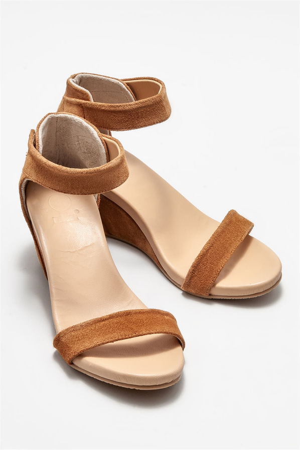 Taba deri dolgu topuklu kadın sandalet - Elle Shoes