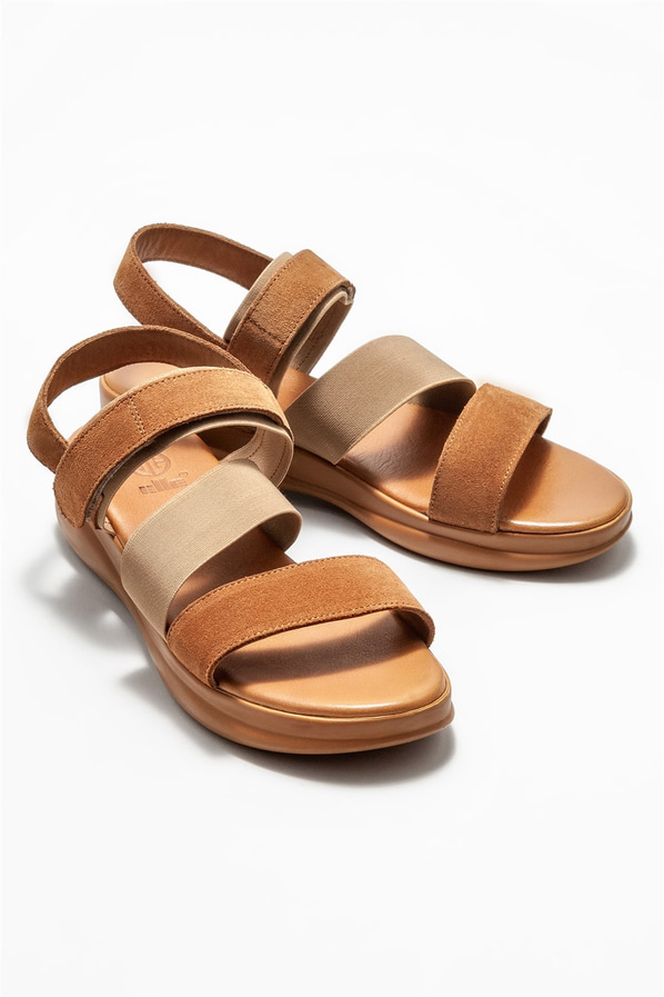 Taba deri dolgu topuklu kadın sandalet - Elle Shoes