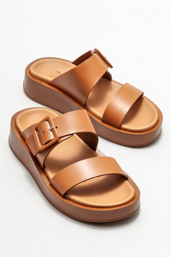 Taba deri dolgu topuklu kadın terlik - Elle Shoes