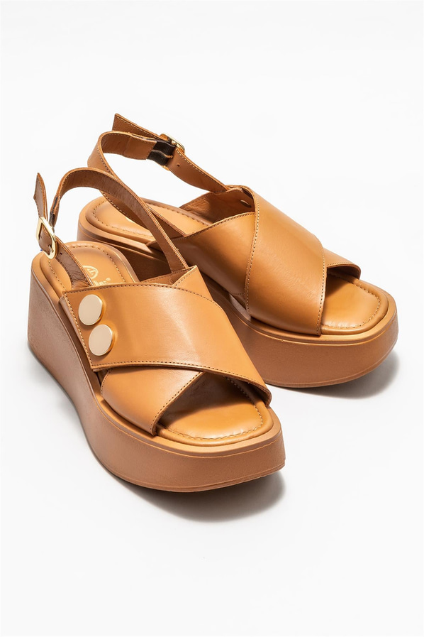 Taba deri dolgu topuklu kadın sandalet - Elle Shoes