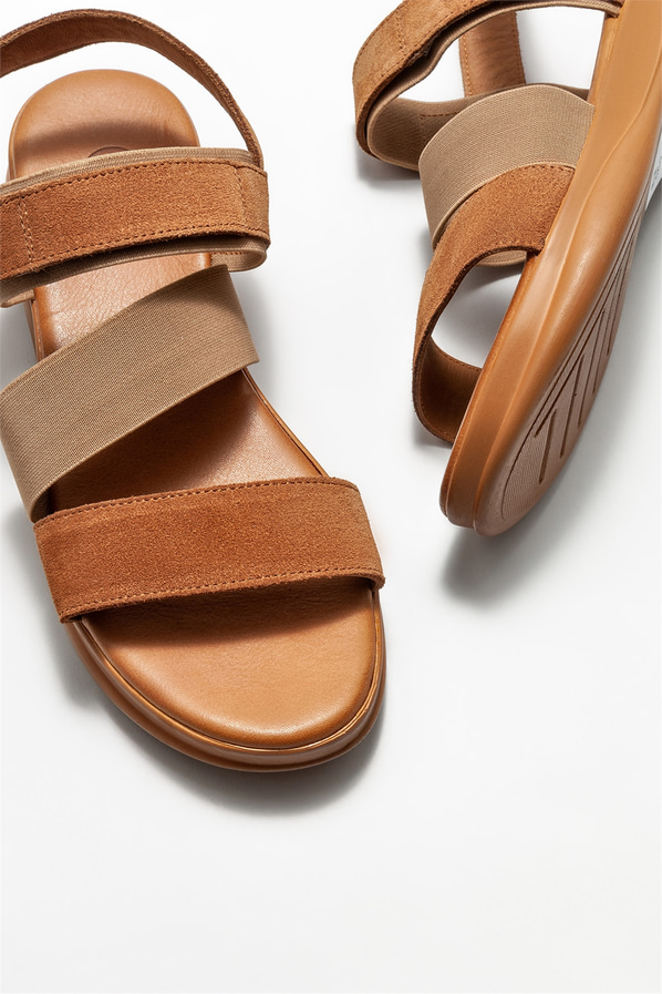 Taba deri dolgu topuklu kadın sandalet - Elle Shoes