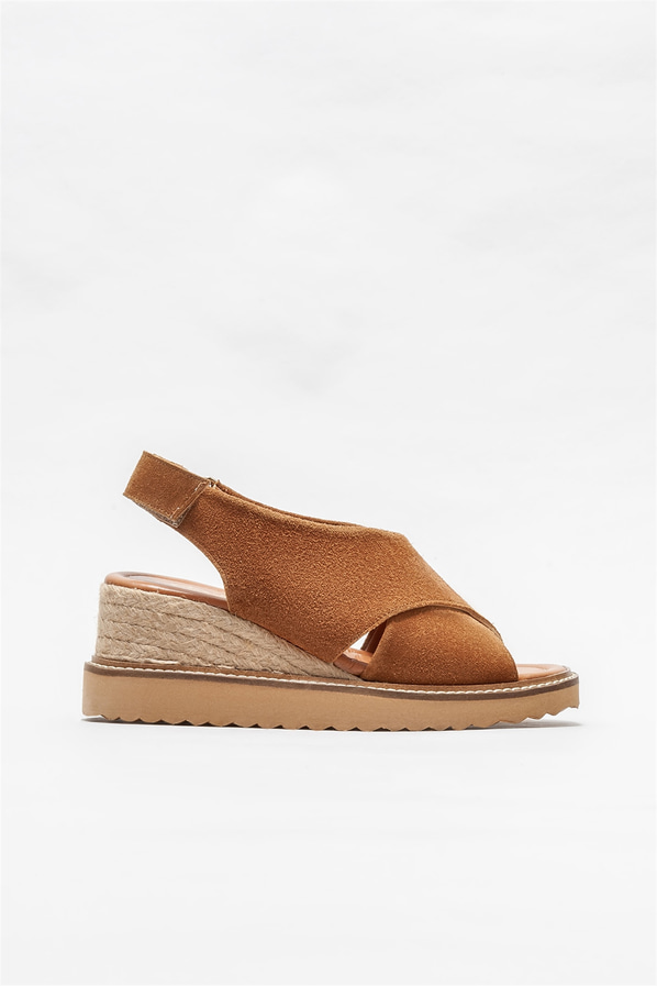 Taba deri dolgu topuklu kadın sandalet - Elle Shoes