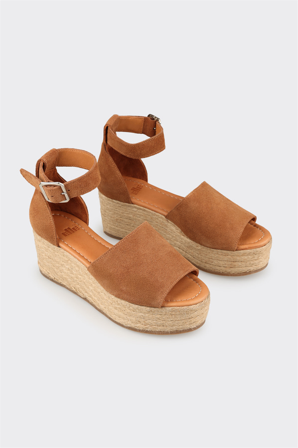 Taba deri dolgu topuklu kadın sandalet - Elle Shoes