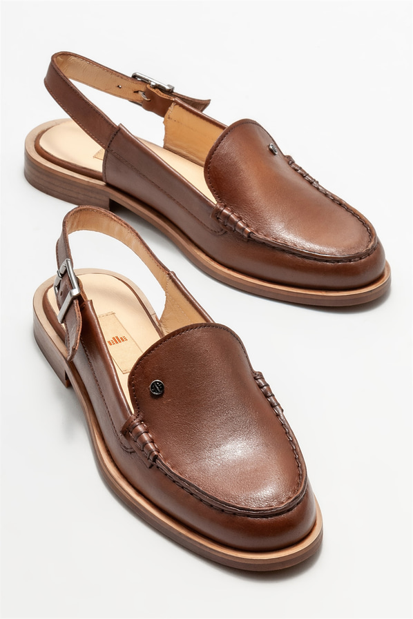 Taba deri düz kadın ayakkabı - Elle Shoes
