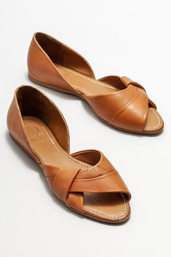 Taba deri düz kadın ayakkabı - Elle Shoes