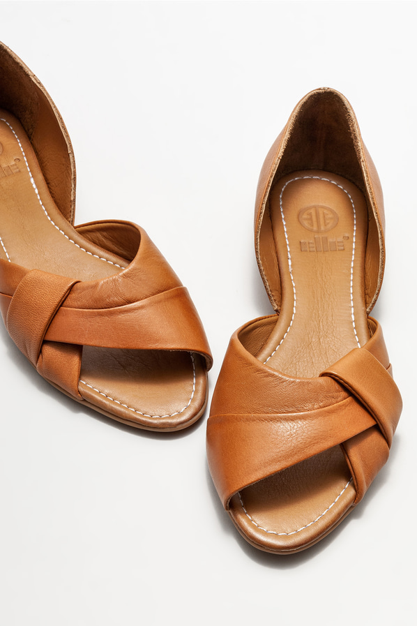 Taba deri düz kadın ayakkabı - Elle Shoes