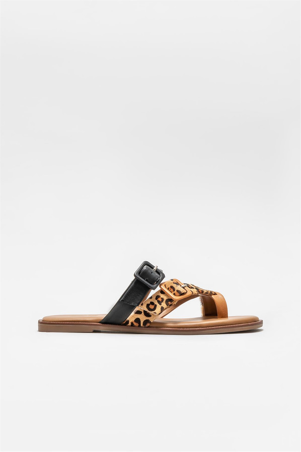 Taba deri düz kadın terlik - Elle Shoes