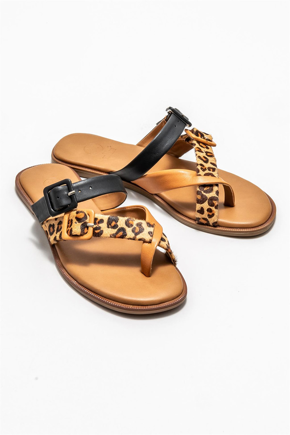 Taba deri düz kadın terlik - Elle Shoes