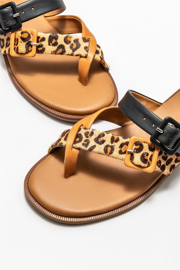 Taba deri düz kadın terlik - Elle Shoes