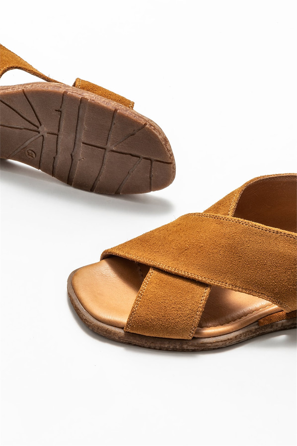 Taba deri düz kadın sandalet - Elle Shoes