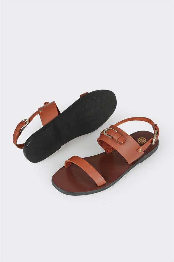 Taba deri düz kadın sandalet - Elle Shoes
