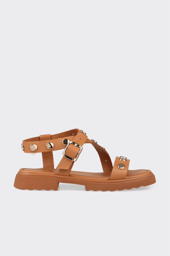 Taba deri düz kadın sandalet, rahat kullanım için - Elle Shoes