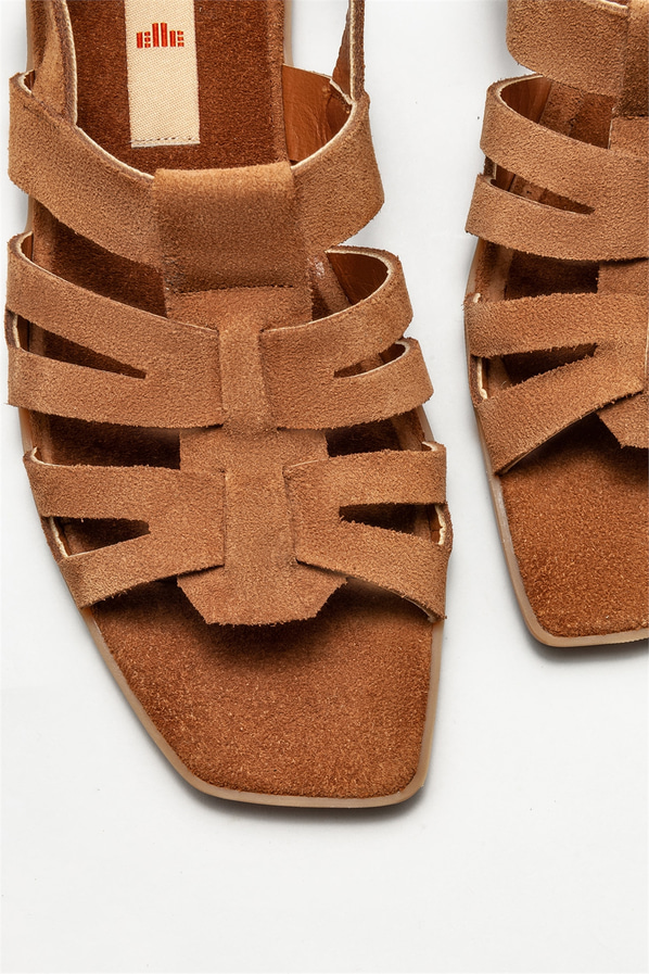 Taba deri düz kadın sandalet - Elle Shoes