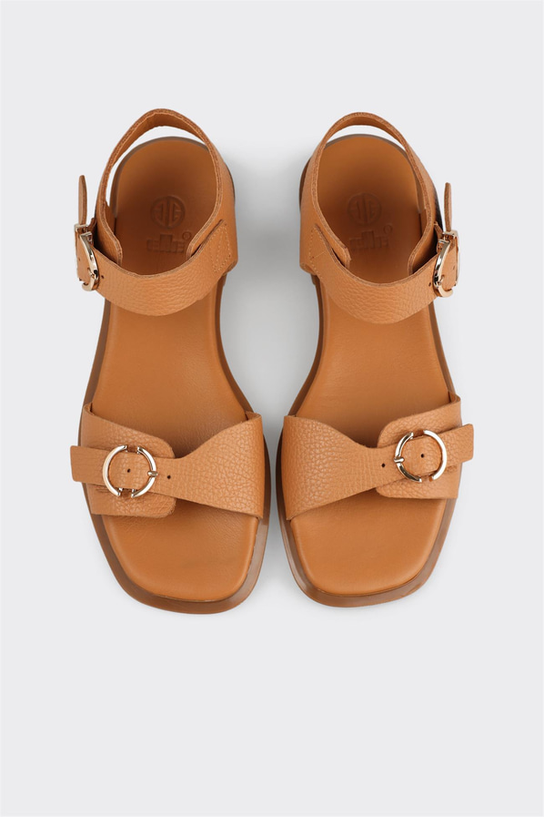 Taba deri düz kadın sandalet, rahat kullanım için - Elle Shoes