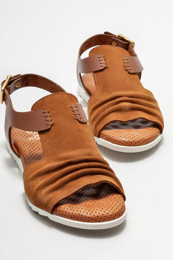 Taba deri düz kadın sandalet - Elle Shoes