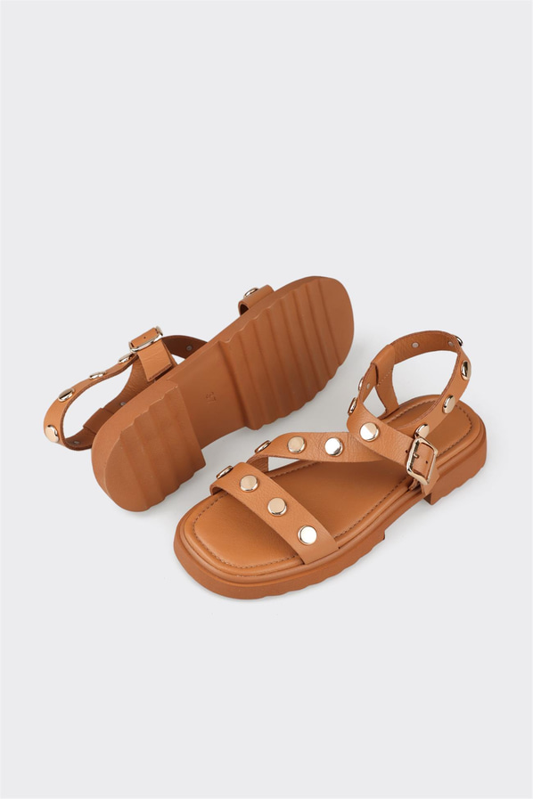 Taba deri düz kadın sandalet, rahat kullanım için - Elle Shoes