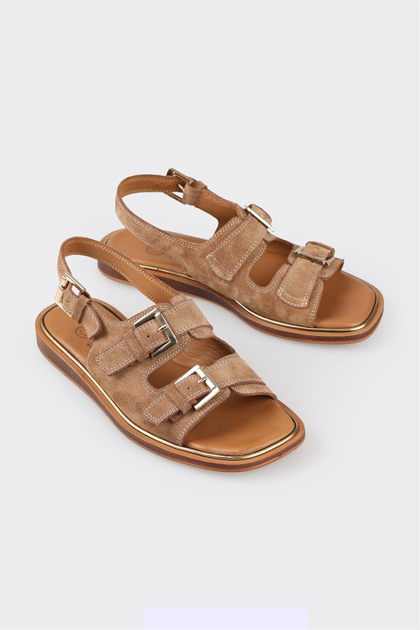Taba deri ve süet düz bantlı kadın sandalet, klasik stil için - Elle Shoes