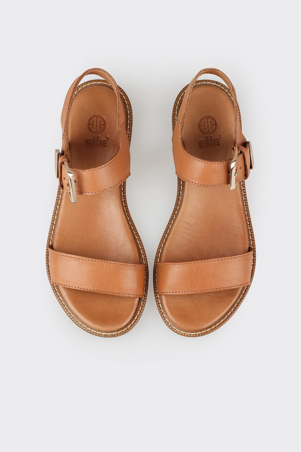 Taba deri düz yumuşak dokulu kadın sandalet, rahat kullanım için - Elle Shoes
