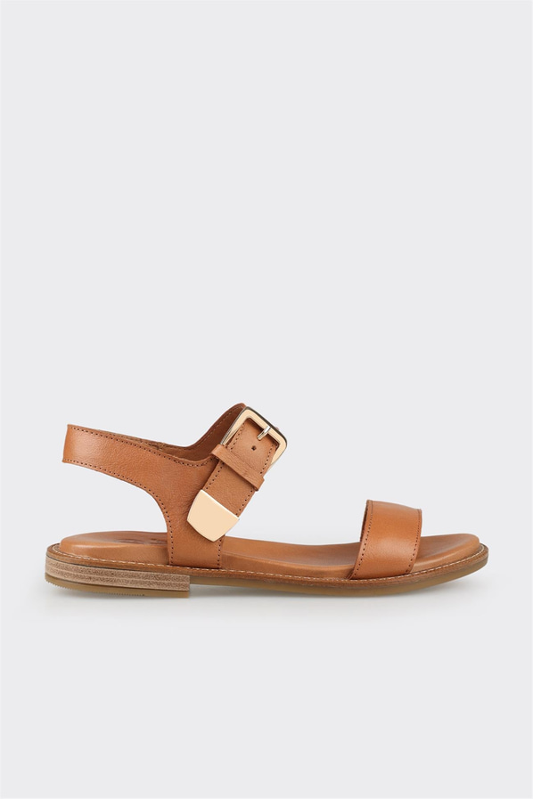 Taba deri düz yumuşak dokulu kadın sandalet, rahat kullanım için - Elle Shoes