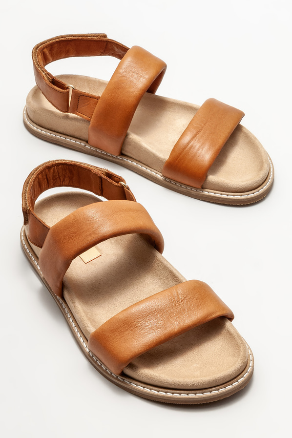 Taba deri düz kadın sandalet - Elle Shoes
