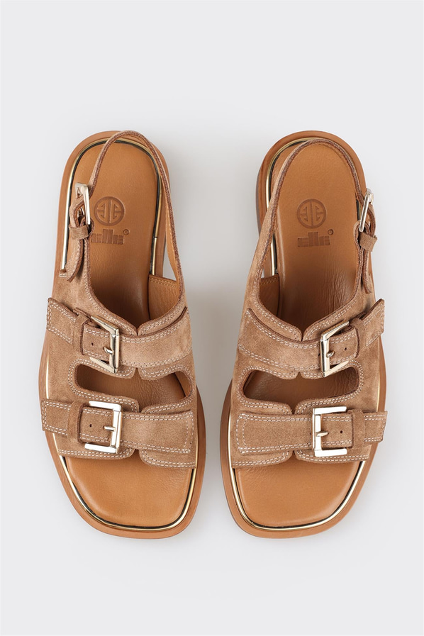 Taba deri ve süet düz bantlı kadın sandalet, klasik stil için - Elle Shoes