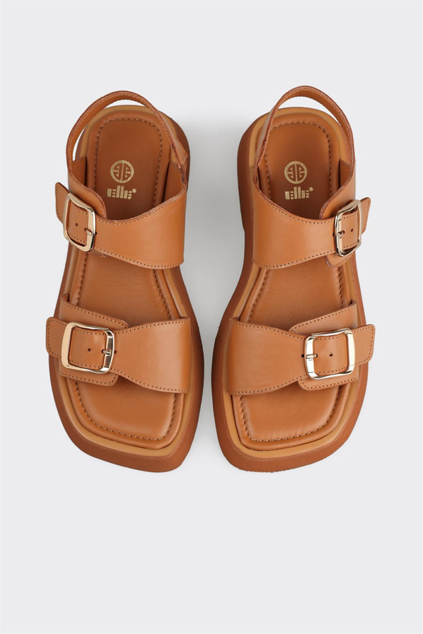 Taba deri düz kadın sandalet, rahat kullanım için - Elle Shoes