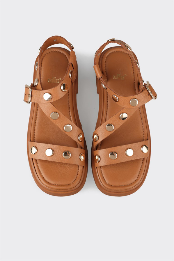 Taba deri düz kadın sandalet, rahat kullanım için - Elle Shoes
