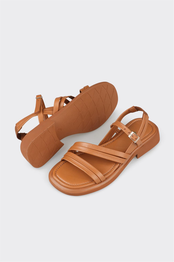 Taba deri düz kadın sandalet, ofis stili için - Elle Shoes