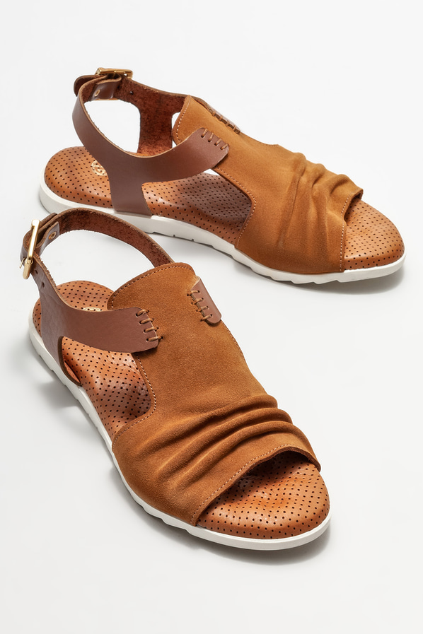 Taba deri düz kadın sandalet - Elle Shoes
