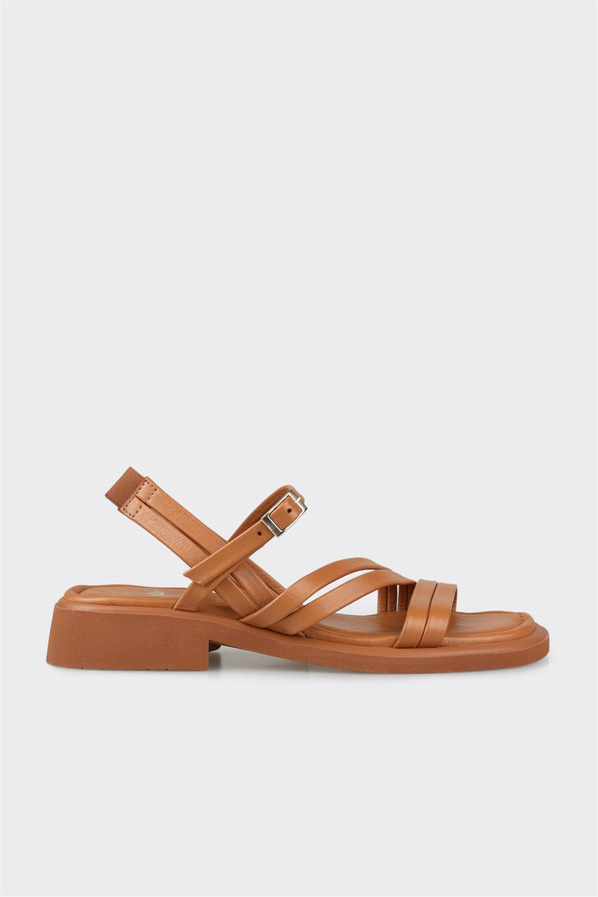 Taba deri düz kadın sandalet, ofis stili için - Elle Shoes