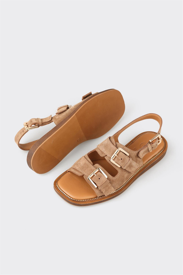 Taba kahve deri düz yumuşak dokulu kadın sandalet, ofis stili için - Elle Shoes