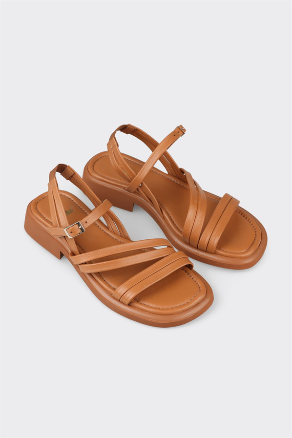 Taba deri düz kadın sandalet, ofis stili için - Elle Shoes