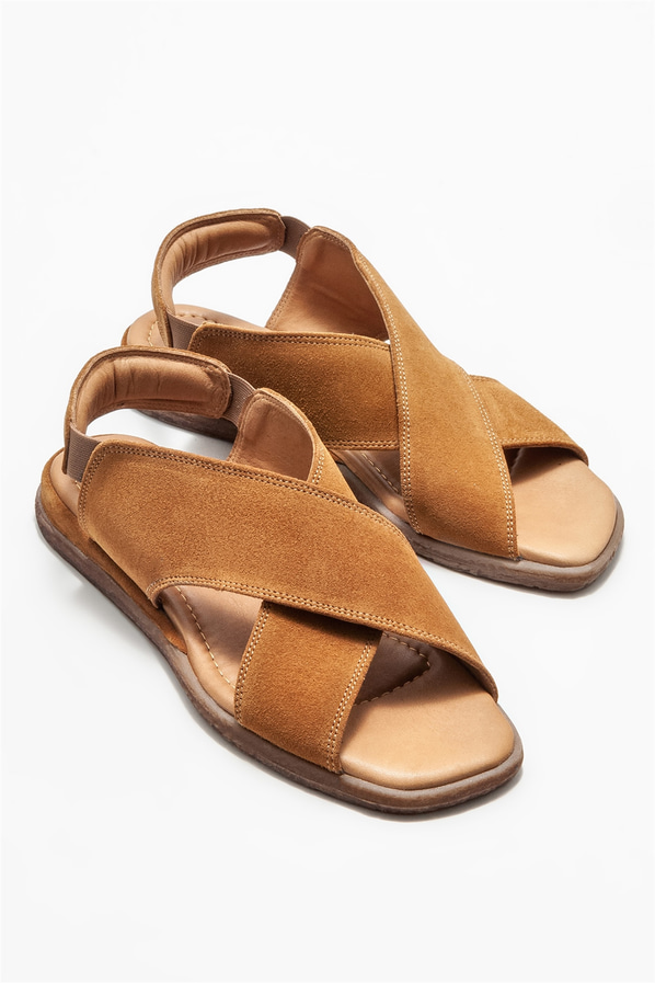Taba deri düz kadın sandalet - Elle Shoes