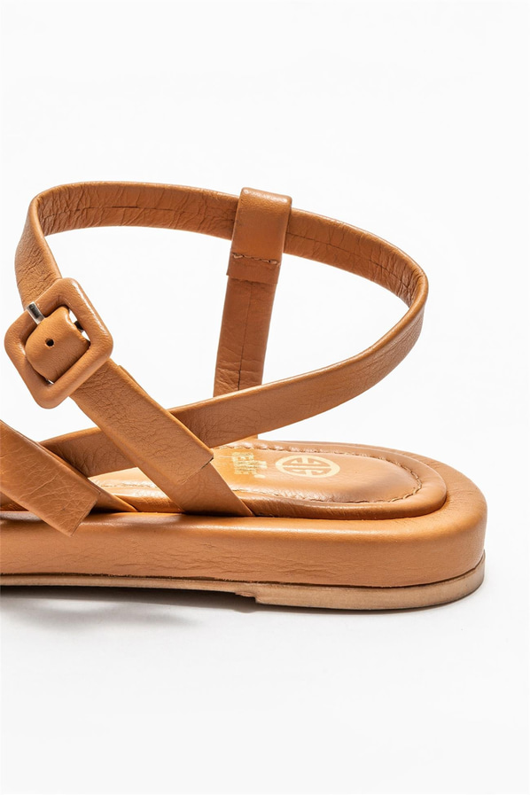 Taba deri düz kadın sandalet - Elle Shoes