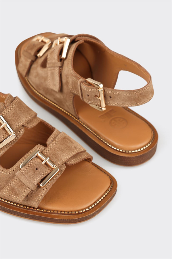 Taba kahve deri düz yumuşak dokulu kadın sandalet, ofis stili için - Elle Shoes