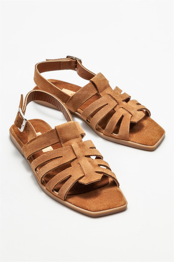 Taba deri düz kadın sandalet - Elle Shoes