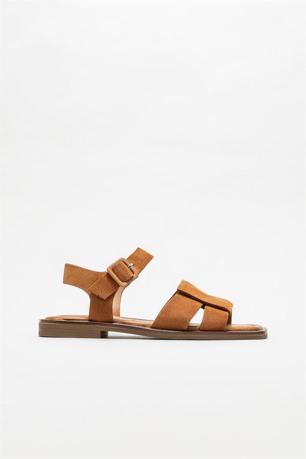 Taba deri düz kadın sandalet, rahat kullanım için - Elle Shoes