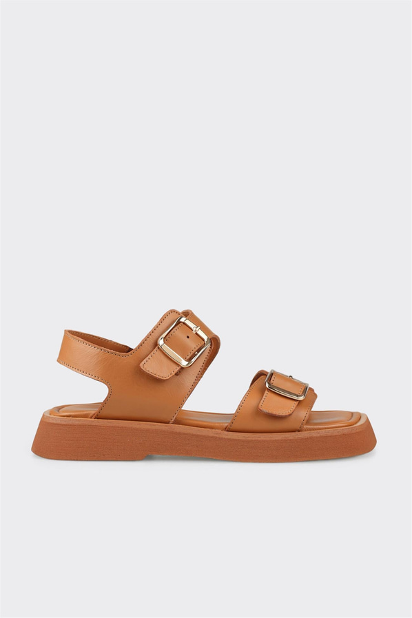 Taba deri düz kadın sandalet, rahat kullanım için - Elle Shoes