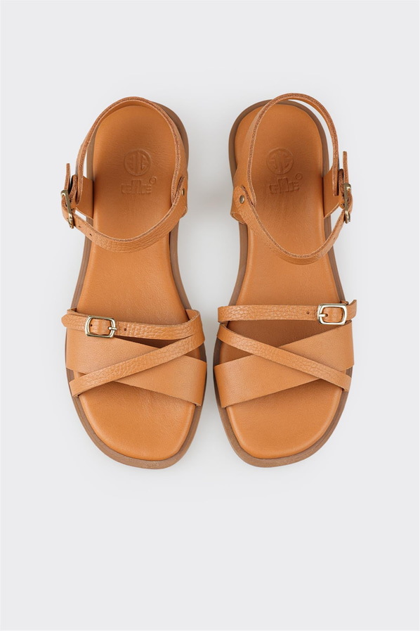 Taba deri düz bantlı kadın sandalet, rahat kullanım için - Elle Shoes
