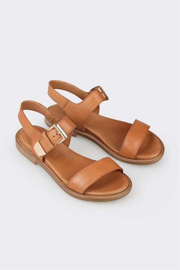 Taba deri düz yumuşak dokulu kadın sandalet, rahat kullanım için - Elle Shoes
