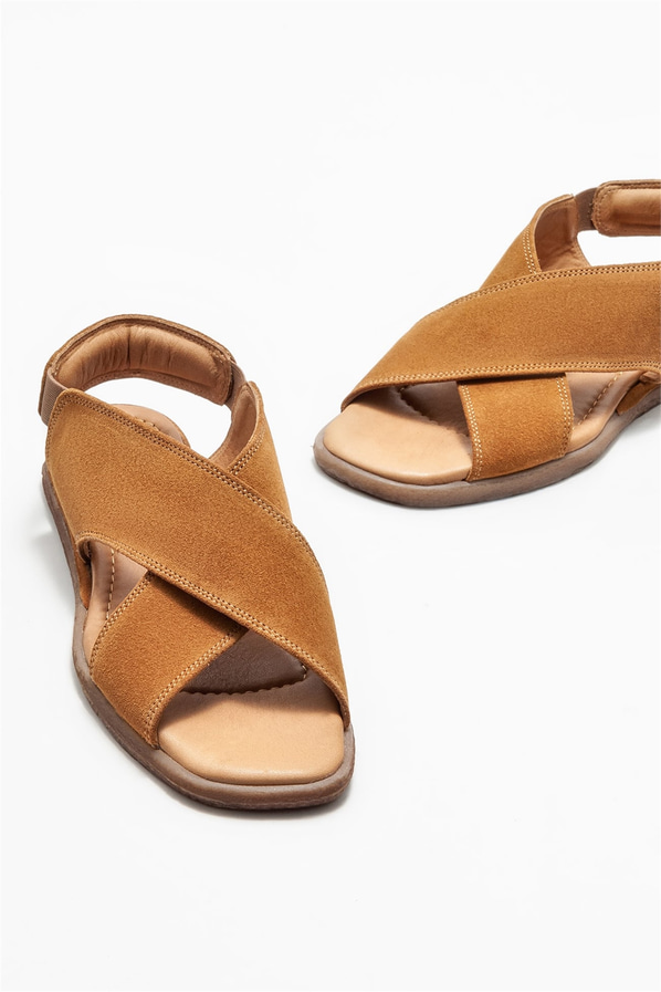 Taba deri düz kadın sandalet - Elle Shoes