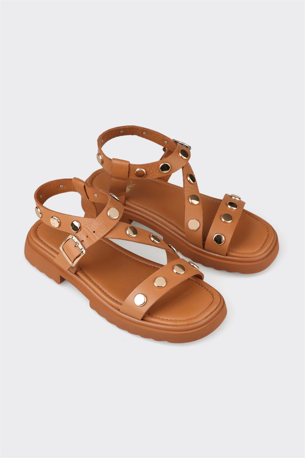 Taba deri düz kadın sandalet, rahat kullanım için - Elle Shoes