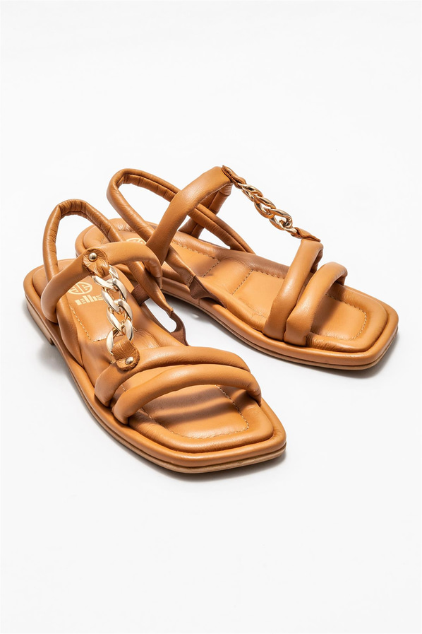 Taba deri düz zincir detaylı kadın sandalet, rahat kullanım için - Elle Shoes