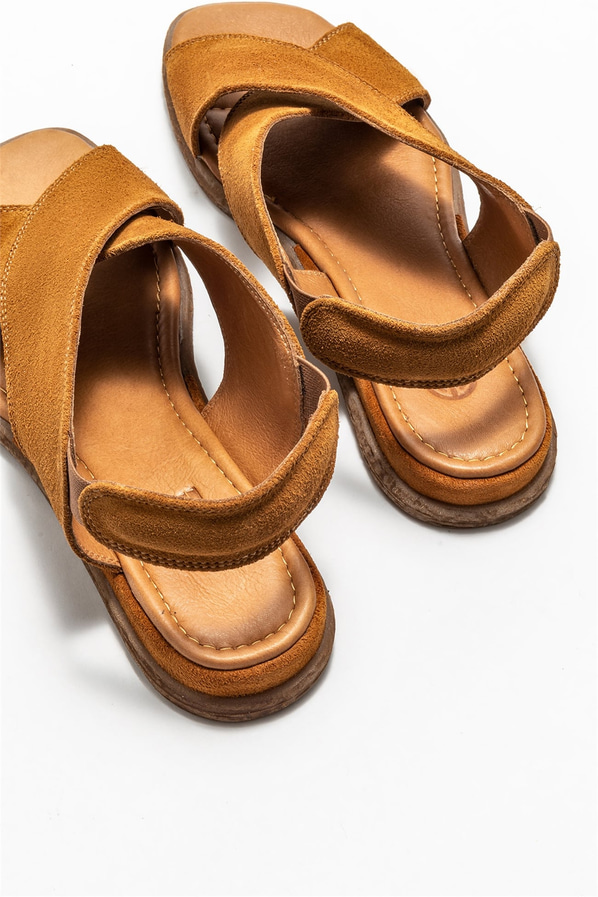 Taba deri düz kadın sandalet - Elle Shoes