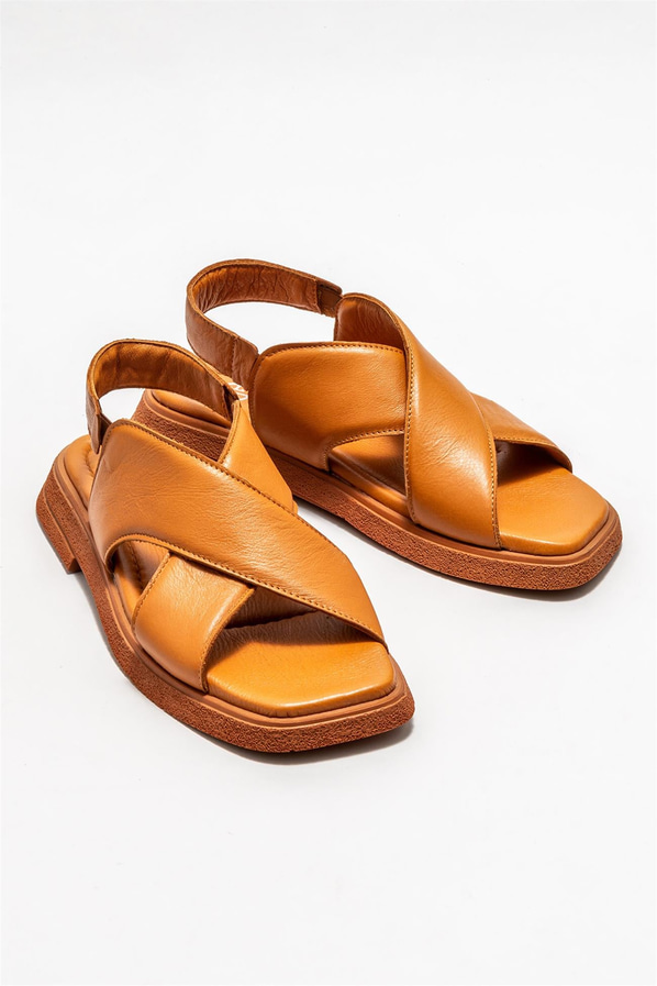 Taba deri düz kadın sandalet - Elle Shoes